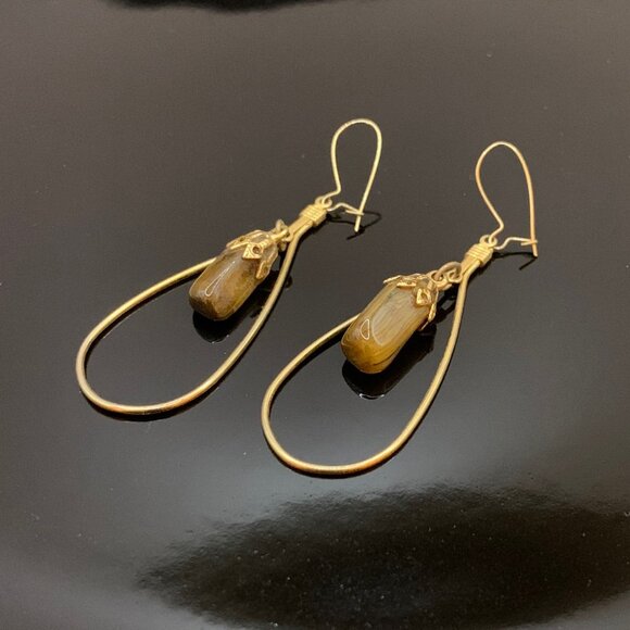 70’s Tiger's Eye Gold Teardrop Vtg Earrings Old Stock J724 - Picture 1 of 5